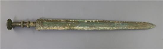 A Chinese bronze short sword, Han dynasty or later, L. 46cm